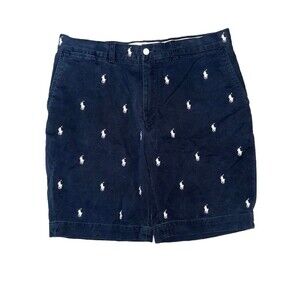 VTG 90s 34 POLO BY RALPH LAUREN ALL OVER PRINT EMBROIDED PONY SHORTS AOP BLUE